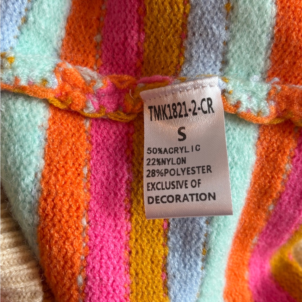 THML Sweater Knit Crochet Pattern Vibrant Rainbow Quarter Sleeve Size S - Picture 7 of 8